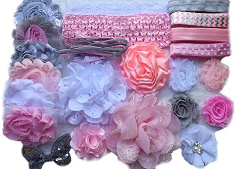 Bowtique Emilee Mini Headband Kit Makes over 15 Headbands, DIY Baby Headband Kit - "Pink and Grey"