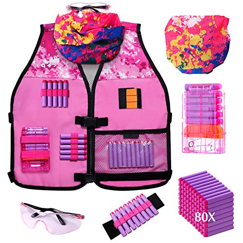 Hely Cancy Girls Tactical Vest Kit Compatible with Nerf Guns N-Strike Elite Series with Refill Darts, Reload Clips, Tactical Mask, Wrist Band and Protective Glasses for Girls