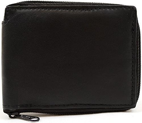 Mens 100% Soft Leather Zip Around Bi-Fold Wallet with Multiple Features