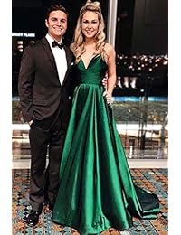 RrBoy Vestido largo de mujer con cuello en V y tirantes de espagueti para baile de graduación 2019, línea A, de satén, formal, con bolsillos