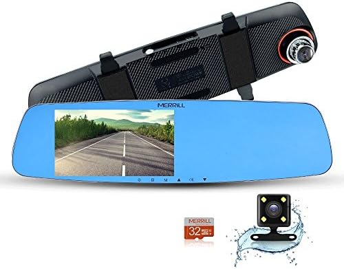 MERRiLL Dash Cam Dual Cameras 1080P 5'' IPS 170° Wide Angle Night Vision 15 Megapixel and 32GB card