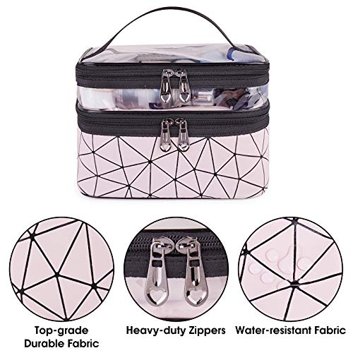 WANDF Double Layer Makeup Bag Large Cosmetic bag Clear Travel Cosmetic Case Toiletry Bag Water-resistant for Women Girl Camping College (Pink) 4 WANDF Double Layer Makeup Bag Large Cosmetic bag Clear Travel Cosmetic Case Toiletry Bag Water-resistant for Women Girl Camping College (Pink)