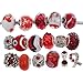 RUBYCA Murano Lampwork Charm Glass Beads Tibetan Crystal European Bracelet Mix Assortment Red 15Pcs