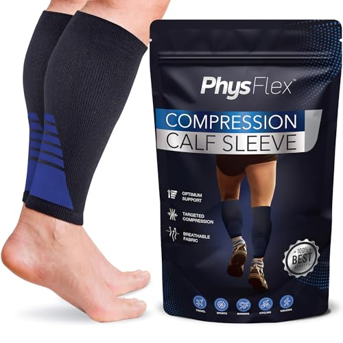 Photo 1 of Calf Compression Sleeves for Men and Women - (1 Pair) Footless Compression Socks Support for Varicose Vein, Nursing, Pregnancy, Running - PhysFlex Leg Sleeve Brace for Shin Splints, Pain Relief and
