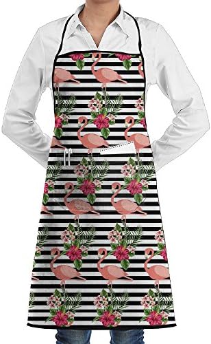 Black-and-white Striped Flamingo Bib Apron With Pockets Men & Women Kitchen Apron For Cooking For Cooking,Baking,Crafting,Gardening,BBQ-Gray
