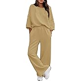 Fisoew Womens 2 Piece Lounge Sets Casual 3/4 Sleeve Tunic Tops Loose Wide Leg Pants Tracksuit Fall Travel Outfits