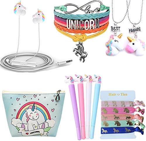 Ultimate Unicorn Gifts For Girls-Birthday Party Favors Gifts Unicorn 3D Earphone/Makeup Bag/Bracelet/Inspirational Necklace/Hair Ties/Pen-Kawaii Gift