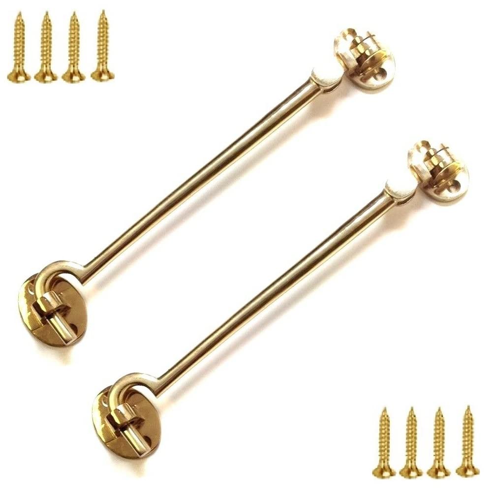 TERF® 150mm Heavy Duty Polished Brass Cabin Door Hook and Eye Lock 150mm (6 inch) Cabinet Latch including Fixing Screw For Door Gate Window Closet Shed Latch - Pack of 2