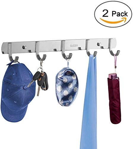 Coat Hooks Hat Rail Wall Mounted Stainless Steel Heavy Duty Coat Rack with 5 Hanger Utility Hooks for Coats, Hats, Scarves, Towel, Clothes, Key, Kitchen Utensils(2 Pack)