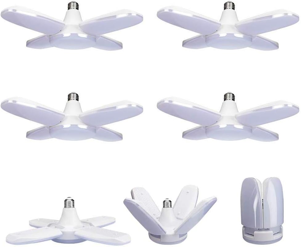 LED Garage Lights, Escolite 4 Pack 6000Lumens Garage Celling Light, 60W E26 LED Garage Light with 4 Foldable Panels, 6500K Daylight Deformable LED Garage Lighting for Garage, Workshop, Warehouse