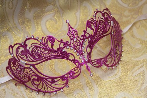 Venetian Laser Cut Pink Swirls Impression Masquerade Mask - Decorated With Gem Crystals