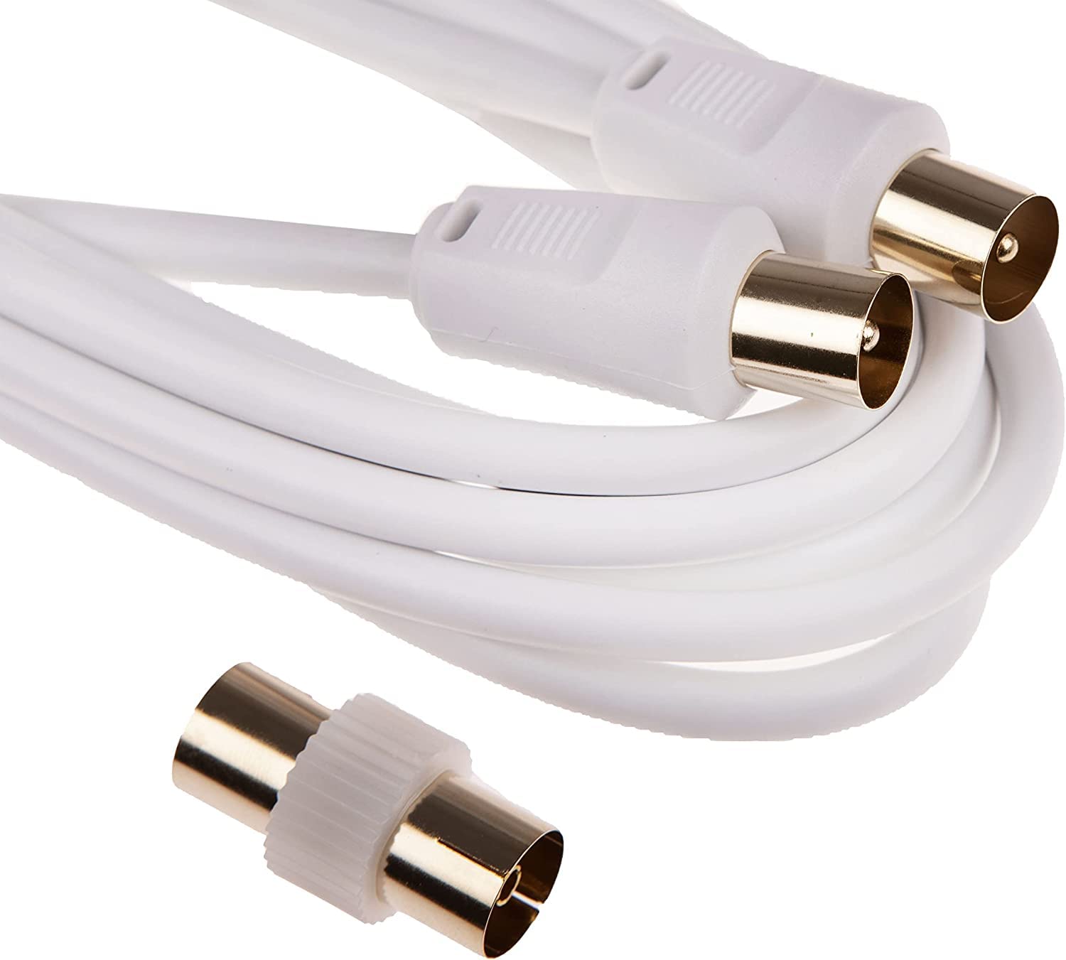 Consoletronic 1.8m TV Aerial Coax Cable - 24k Gold Plated Male to Male (M-M) with FREE Female to Female (F-F) Coupler - White Antenna TV Fly Satellite Lead