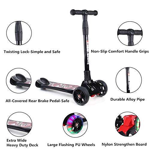 New Olym Kids Scooter for Boys and Girls 3 Flashing Wheels,Foldable with 4 Adjustable Height|All-Covered Brake Great for Toddlers Ages 3-14 Years Black