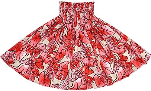 Custom Orders (30 In; 4 Elastic Bands) Hula Dance; Cream and Red Pau Skirt Taro Lauae Fern Pattern 2655CRPi