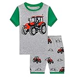 KikizYe Baby Boys Tractor Summer Pajamas Short Sets 100% Cotton Pants Sets Grey Infant Kid 18-24