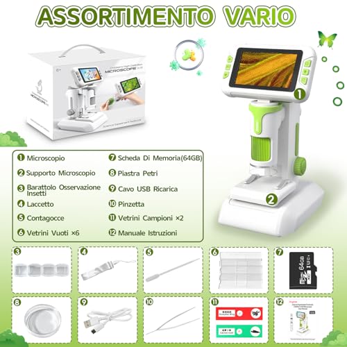 Charmofun Children's Microscope, Digital Microscope with 64GB Memory Card, Portable Microscopios for Children with 4 Inch LCD Screen, 1600X Magnification, Photo and Video, Portable and Fixed Function