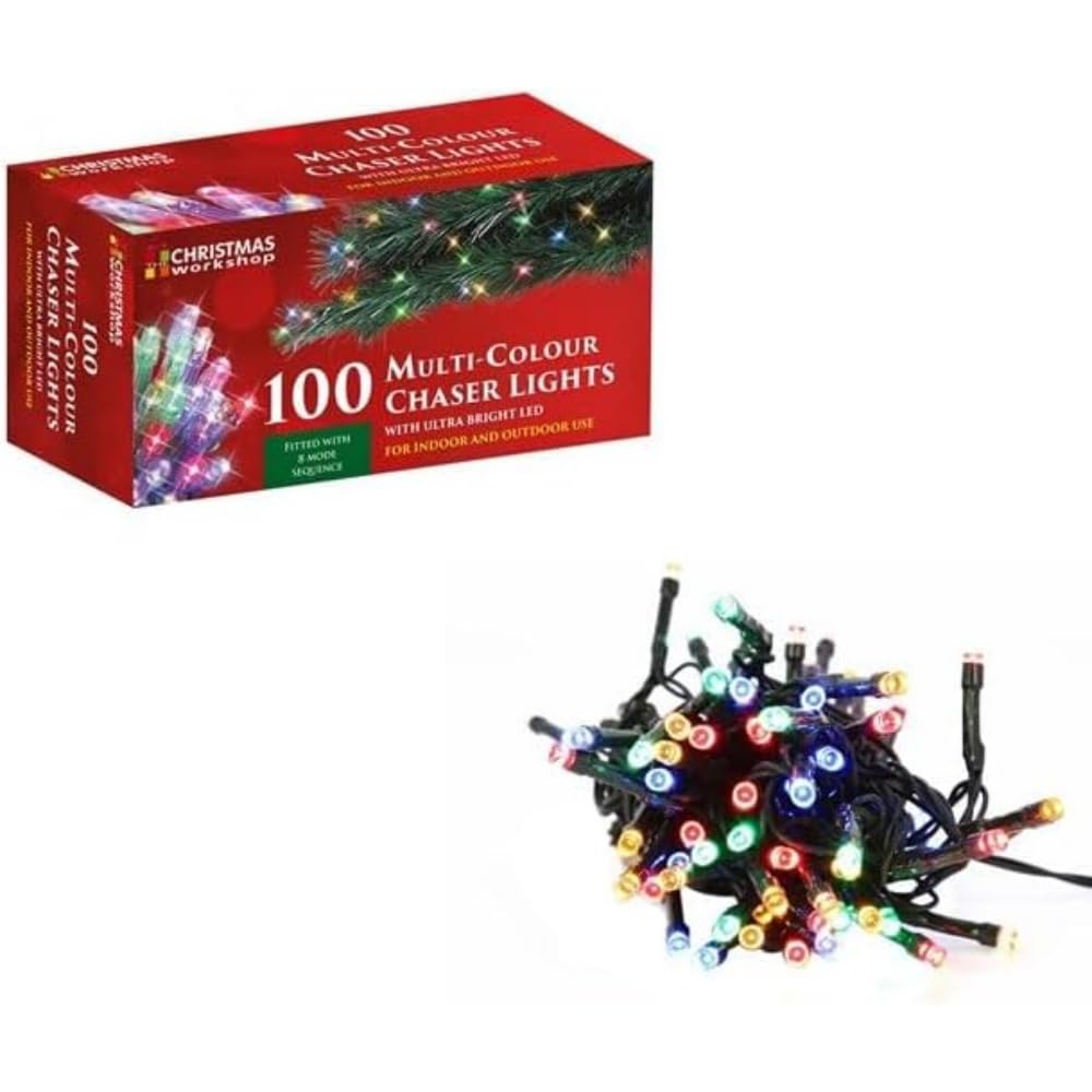 The Christmas Workshop 77270 100 Multi-Coloured LED Chaser Christmas Lights/Indoor or Outdoor Fairy Lights / 6.9 Metres / 8 Light Modes/Great for Christmas, Weddings & Gardens