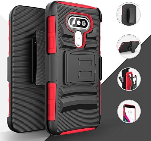 LG G5 Case, Luckiefind Hybrid Armor Stand Case with Holster and Locking Belt Clip, Stylus pen, Tempered Glass screen Protector Accessories (Holster Red)