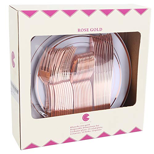 60pcs Rose Gold Plastic Plates, Rose Gold Plastic Silverware, Gold Plates for Parties, Disposable Wedding Plates in Heavy Weight,Enjoylife(Rose Gold) (rose gold)