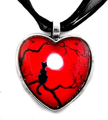 Black Cat Necklace Red Valentine Heart Pendant Handmade Jewelry