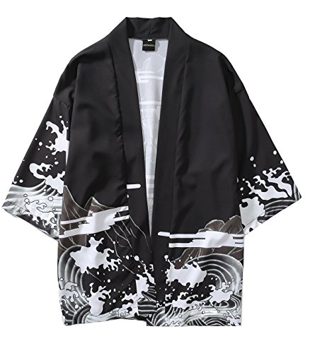 Men's Kimono Yukata Cardigan Casual Dragon Pattern Open Front Coat (White, Large) - Thumbnail 2