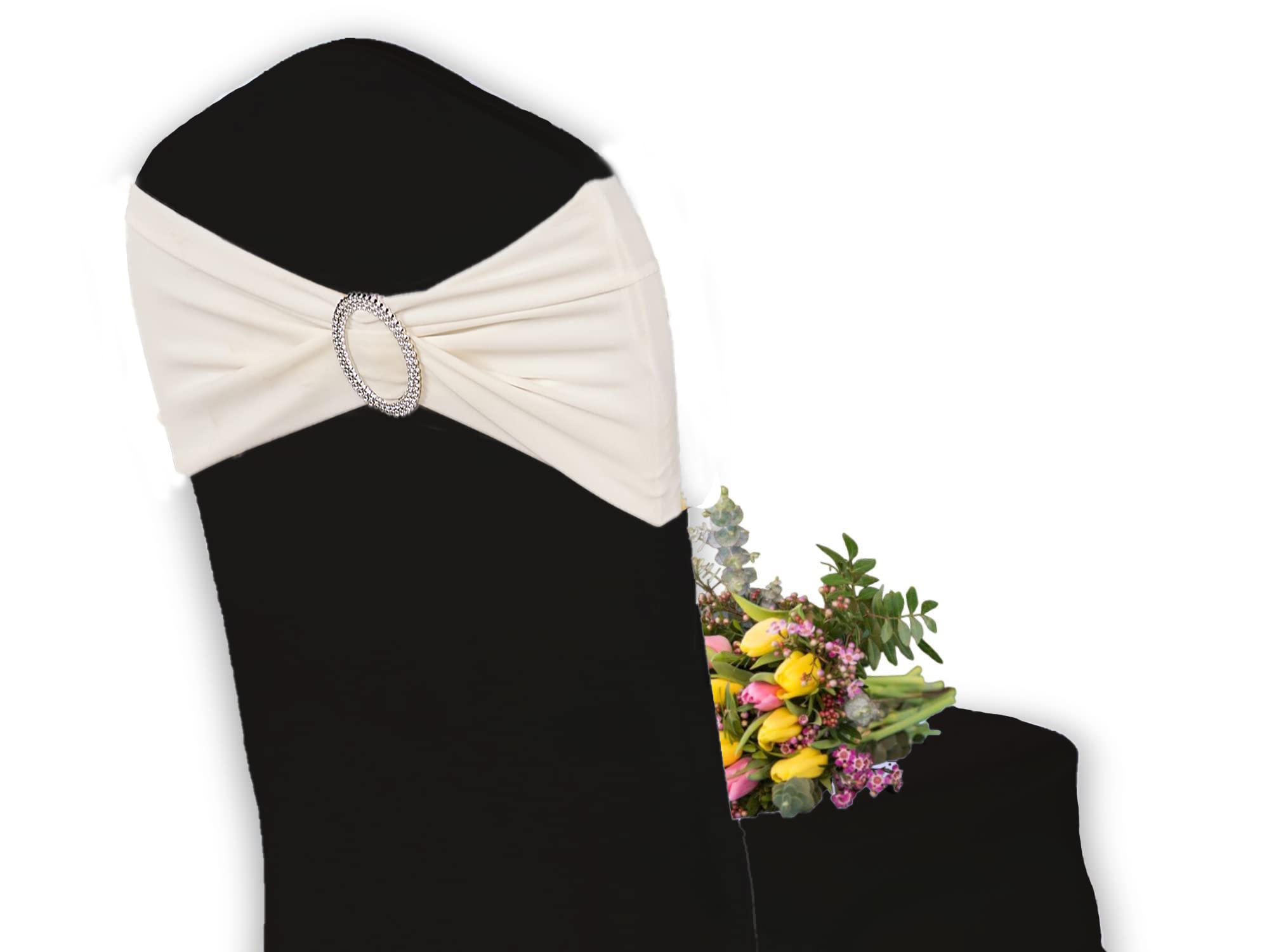 Elegant Event Essentials - 10 Pieces - Spandex Stretch Elastic with Round Buckle Slider Chair Cover Band, Sash Tie For Wedding, Party Chair Decor, Hotel, Christmas, Reception, Banquets - Ivory