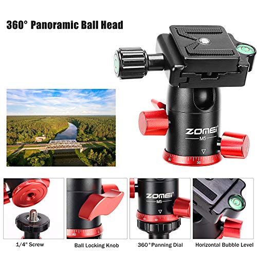 Zomei M5 Camera Tripod,Lightweight Travel Aluminum Tripod Monopod Compact Portable Photography Tripod Stand with 360 Degree Ball Head and Phone Clip for DSLR Cameras, Smartphone