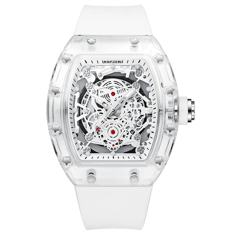 KIMSDUN Stylish Skeleton Sport Watches, Waterproof, Analog Quartz Date Calendar Wristwatch, Transparent Tonneau Case Casual Watch, Silicone Strap for Men Unisex
