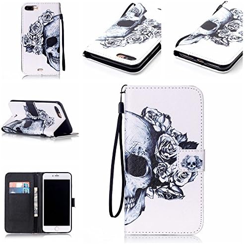 7 Plus Case, iPhone 7 Plus Case, Speedup Premium PU Leather Stand Design Flip Folio Wallet Cover Case with Wrist Strap Magnetic Closure Card Slots for iPhone 7 Plus - Skull and Flower