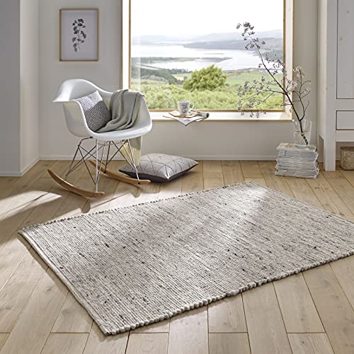 Taracarpet Handweb-Teppich Malmoe Wolle im Skandinavischem Landhaus Design Wohnzimmer Esszimmer Schlafzimmer Flur Läufer beidseitig verwendbar hellgra