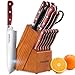 Kitchen Knife Set 15 Pieces with Wooden Block Sharpener 6 Pieces Serrated Steak Knives, homgeek Professional German X50Cr15 Stainless Steel Sharp Pakkawood Handle Chef Knife Block Set Full-Tang Forged