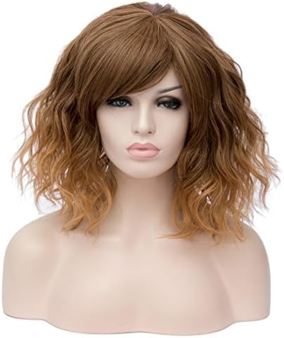 Alacos Fashion 35cm Short Curly Bob Anime Cosplay Wig Daily Party Christmas Halloween Synthetic Heat Resistant Wig for Women +Free Wig Cap (Brown Ombre)