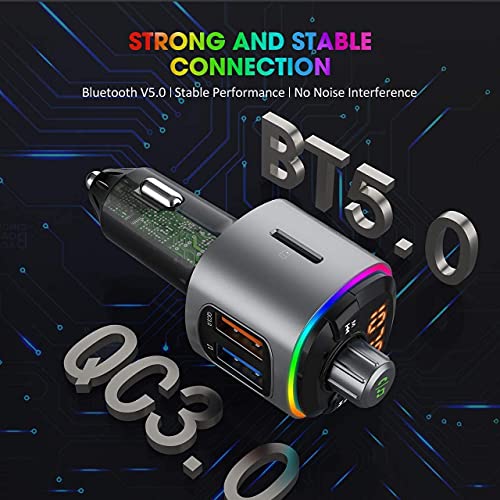 Bluetooth FM Transmitter for Car, Dynamic RGB Wireless Bluetooth Adapter Car Kit with V5.0, QC3.0 and Dual USB Charging Ports, Support Siri Google Assistant, Micro SD Card, Hands-Free Calling