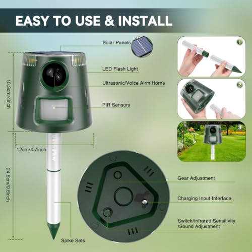 Ahuyentador de gatos ultrasónico solar, para jardín, impermeable, 5 modos, ajustable, carga solar, 360°, eficaz para gatos, perros, pájaros, ratones