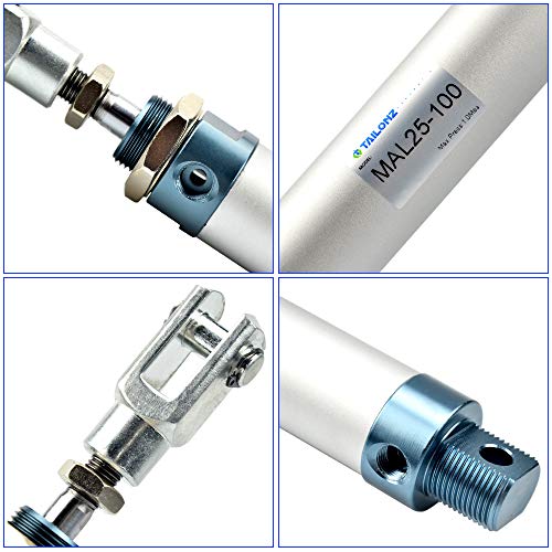 Tailonz Pneumaitc 25mm Bore 100mm Stroke Air Cylinder Double Action with Y Connector and 2Pcs Pneumatic Quick Fitting (MAL25x100)