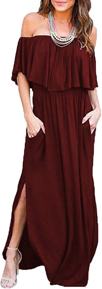 Womens Off The Shoulder Maternity Maxi Dress Casual Side Split Beach Maxi Dresses with Pockets