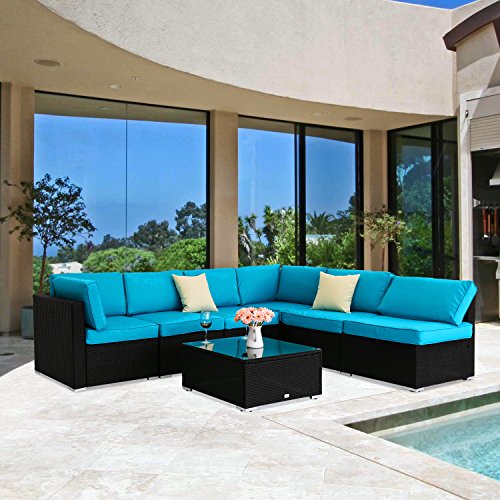Kinbor Outdoor Furniture Sectional Sofa 7 PCs Rattan Wicker with Blue Washable Seat Cushions &am ...