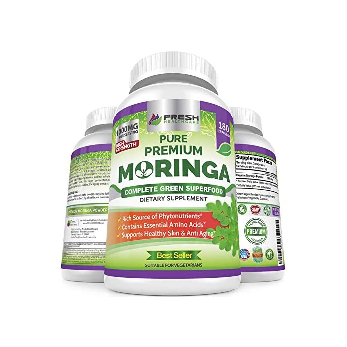 Moringa Oleifera 180 Capsules – 100% Pure Leaf Powder - Max 1000mg Per Serving - Complete Green Superfood Supplement…