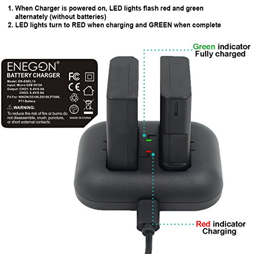 EN-EL14/14a ENEGON Replacement Battery (2-Pack) and Rapid Dual Charger Kit for Nikon EN-EL14/14a (100% Compatible with Original) and Coolpix P7000, P7100, P7700, P7800 DSLR D3100,D3200,D3300,D3400.