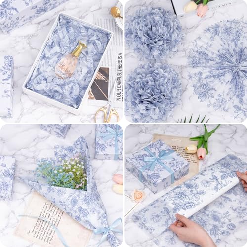 Larcenciel Tissue Paper Roll Vintage Floral, Blue and White Tissue Paper for Gift Bag Filler, Artistic Gift Packaging for Wedding, Birthday, Party, Craft, 10 M×43 CM