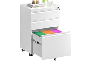 Pataku White File Cabinets 3 Drawer, Mobile File Cabinet with Lock and Wheels, Under Desk Metal Filing Cabinet for Office，Lockable Rolling Cabinets with 2 Keys for Legal/Letter/A4 Size, Easy Assemble