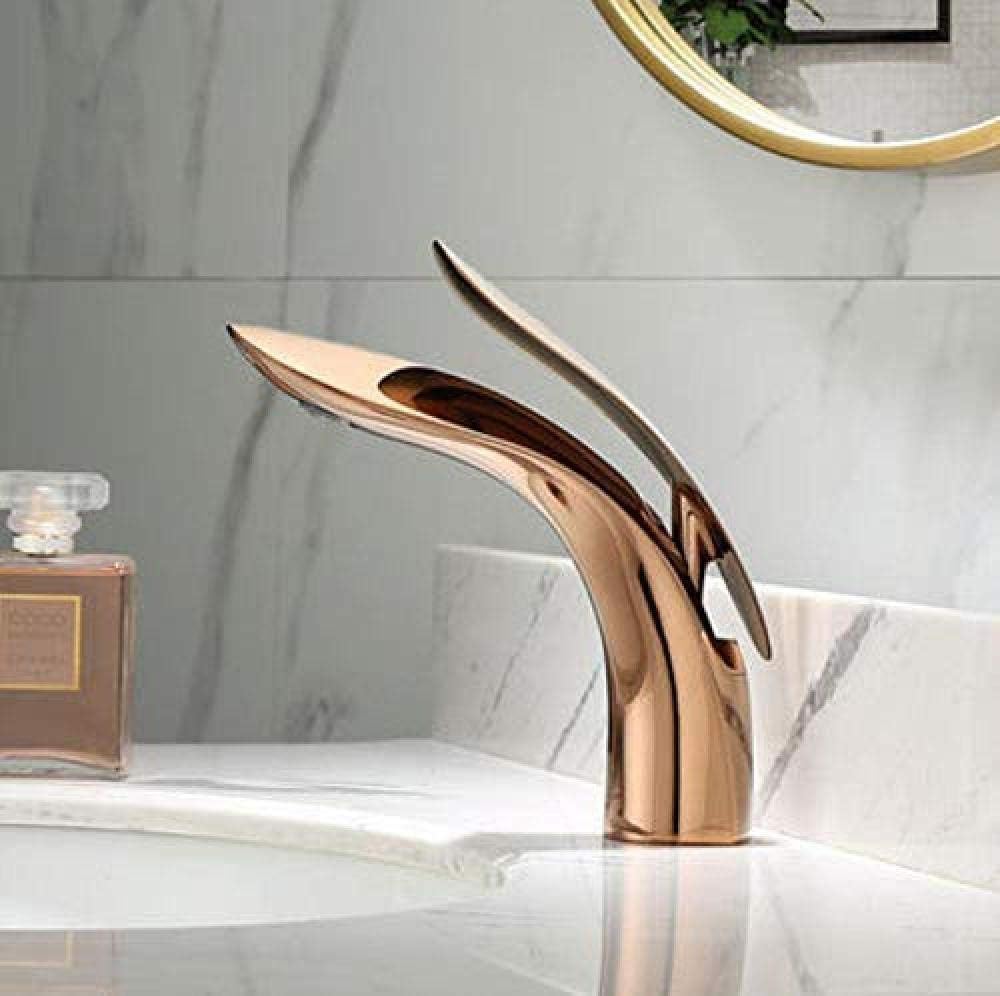 Gulakey Fashion Taps Modern Solid Brasstap Basin Faucets Modern Rose Gold Bathroom Faucet Waterfall Single Hole Cold and Hot Water Tap Basin Faucet Mixer Taps