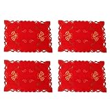 4 Pcs Christmas Embroidered Placemats Heat Resistant Red Table Mats Winter Tray Cloths for Dining Table, Christmas Bells & Hollow Out Lace(11 x 17 Inches)