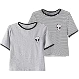 Women Cute Stripe Short Sleeve O Neck Gray Crop Top Tee Tshirt
