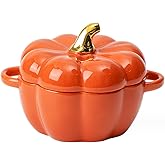 FTNESGYM Cute Bowl, Pumpkin Ceramic Bowl with Lid, Microwave & Dishwasher Safe Dessert or Soup Bowl with Handle, Decor Dinner
