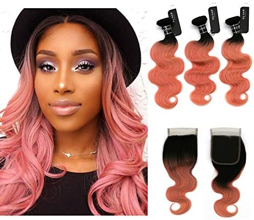 BQ HAIR 3 Bundles With 4x4 Lace Closure Dark Root 1B/Rose Gold 2 Tone Ombre Unprocessed Brazilian Virgin Human Hair Weave Body Wave Weave(22 20 18 +16)