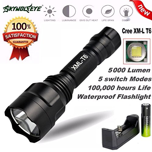 ZYooh XML T6 LED Tactical Flashlight,Underwater X800 Zoomable Amazingly Bright 5000Lumen 5-Modes Flashlight Waterproof Torch Light Lamp+Rechargeable Battery+Flashlight Holder
