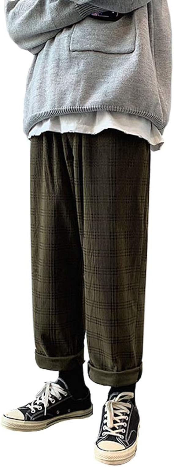 Amazon Yacoresya コーデュロイ チェックパンツ ストレート 大きいサイズ ユニセックス パンツ ズボン メンズ レディース チノパン チェック柄 オーバーサイズ ビッグシルエット ウエストゴム トラウザー ゆったり テーパード 冬 春 秋 カジュアル ロングパンツ 通販