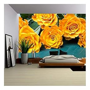 Bouquet of Orange Roses on a Wooden Background - Removable Wall Mural | Self-Adhesive Large Wallpaper - 66x96 inches
