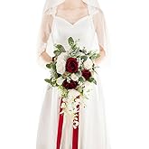 Floinla 12 Inch Cascade Wedding Bouquets for Bride, Burgundy & White Cascading Bridal Bouquet for Wedding Silk Artificial Flowers